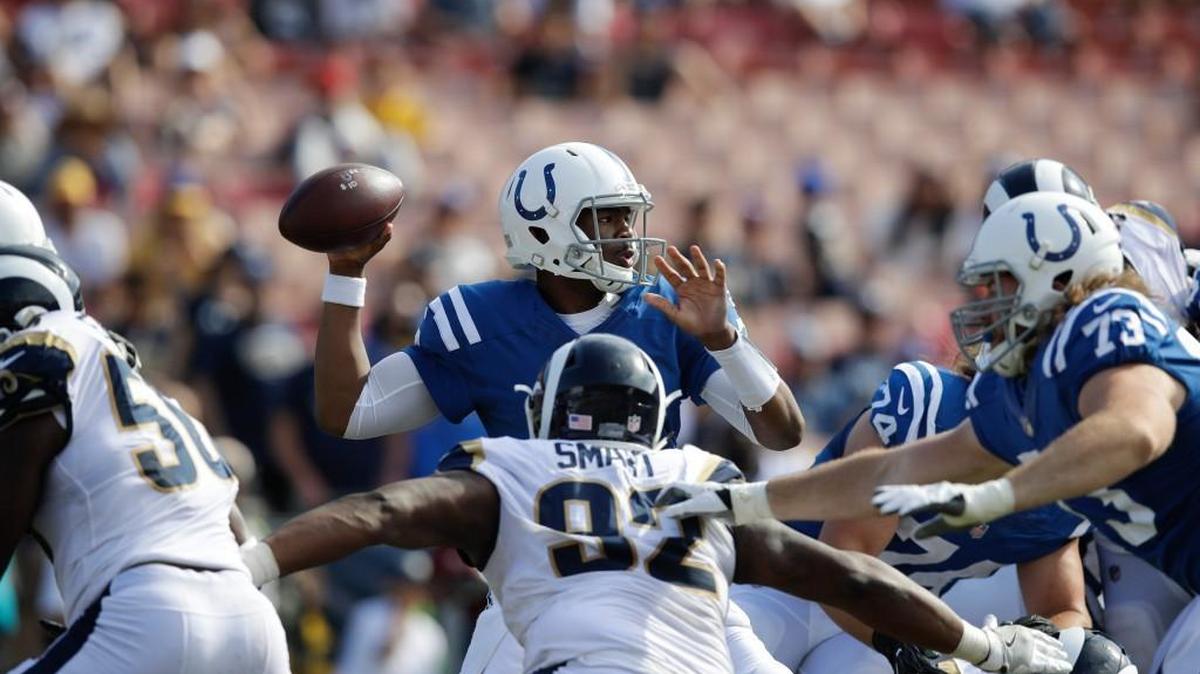 Indianapolis Colts quarterback Jacoby Brissett looks to throw a pass during the second half of an NFL football game against the Los Angeles Rams, on Sept. 10, 2017, in Los Angeles. (AP Photo/Jae C. Hong)