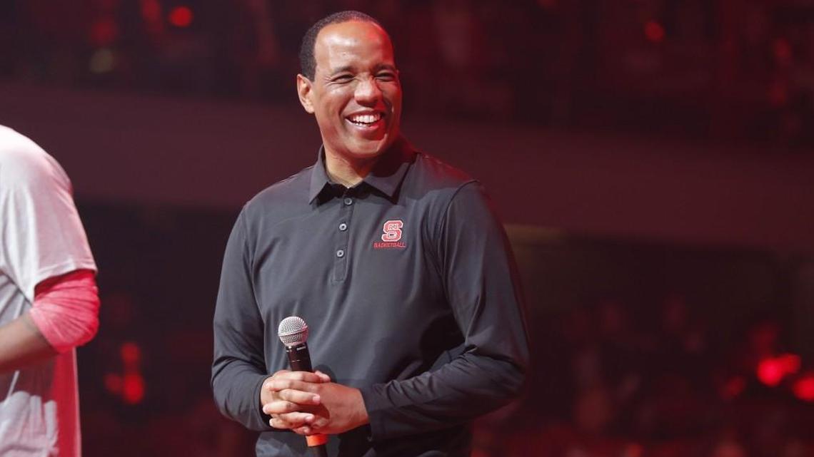 N.C. State coach Kevin Keatts laughs during Primetime with the Pack on Oct. 20.