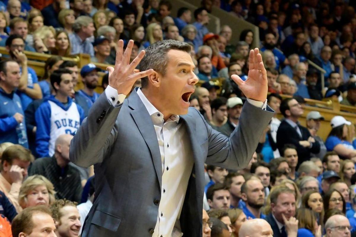 Virginia head coach Tony Bennett reacts to a first half call against his team. Duke was defeated by Virginia 65-63 at Cameron Indoor Stadium in Durham on Jan. 27, 2018