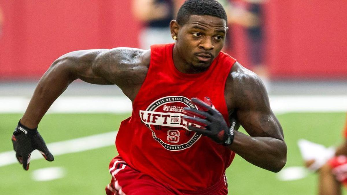 
N.C. State's Shadrach Thornton works out during a player-run workout and fundraising event to raise awareness and research dollars for leukemia Wednesday, July 22, 2015 at the Close-King Indoor Practice Facility.
