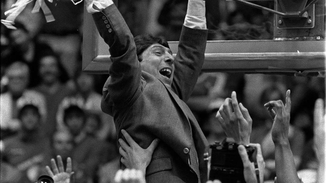 NC State’s Jim Valvano celebrates after the Wolfpack defeated Houston to win the national championship on April 5, 1983. He was the only member of the team to go to Washington to meet President Ronald Reagan. That will change Monday, May 9, 2016, when surviving members of the team meet President Barack Obama.