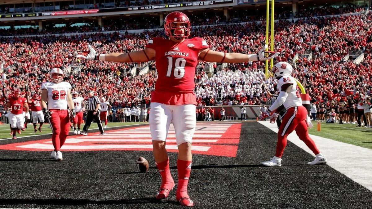 Louisville’s Cole Hikutini celebrates after scoring a touchdown during the game against the N.C. State at Papa John's Cardinal Stadium in Louisville, Ky.