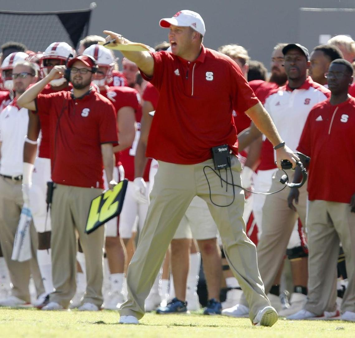 N.C. State head coach Dave Doeren yells at the officials during the first half of the Wolfpack's game against Boston College at Carter-Finley Stadium on Oct. 29, 2016.