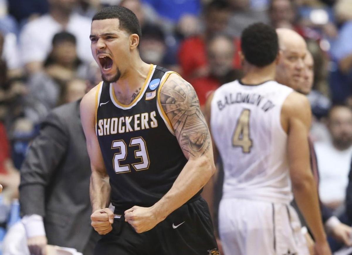 Wichita State’s Fred VanVleet celebrates during the second half of a 70-50 win against Vanderbilt in the opening round of the NCAA Tournament on Tuesday. VanVleet was on the Shockers 2014 Final Four team. Look for a potential upset Thursday as No. 11 Wichita State plays No. 6 Arizona.