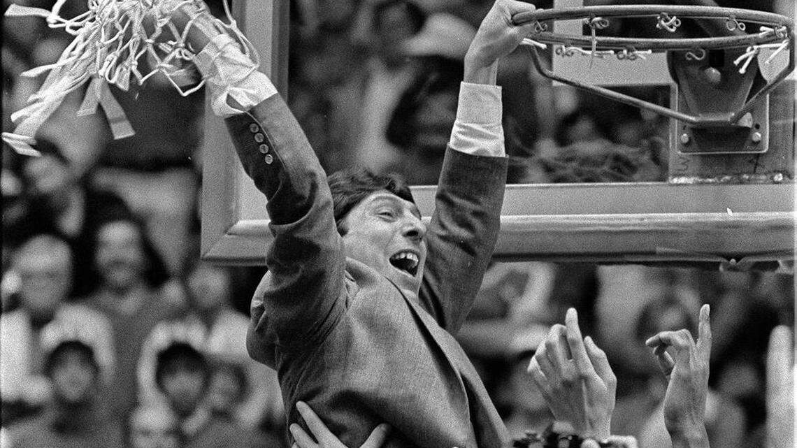 NC State coach Jim Valvano celebrates after the Wolfpack defeated Houston to win the National championship on April 5, 1983.