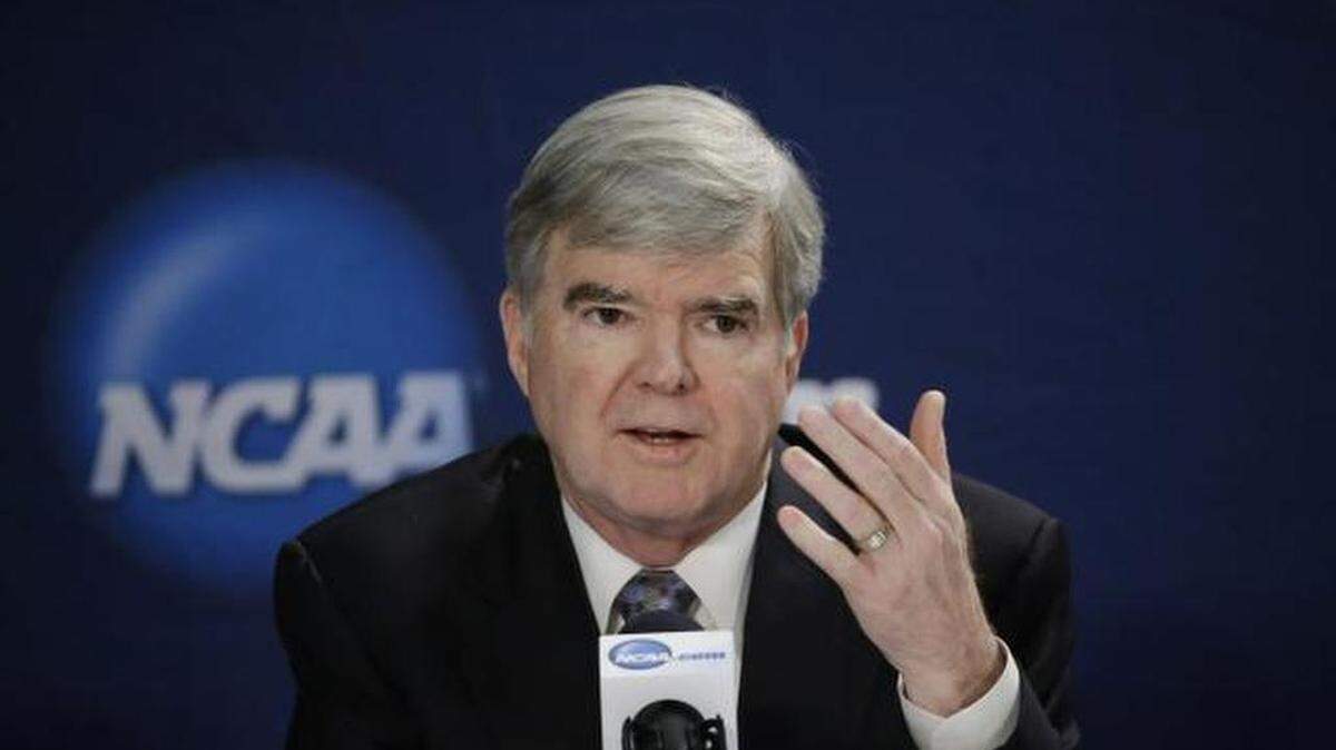 NCAA President Mark Emmert answers a question at a news conference in Arlington, Texas, April 6.