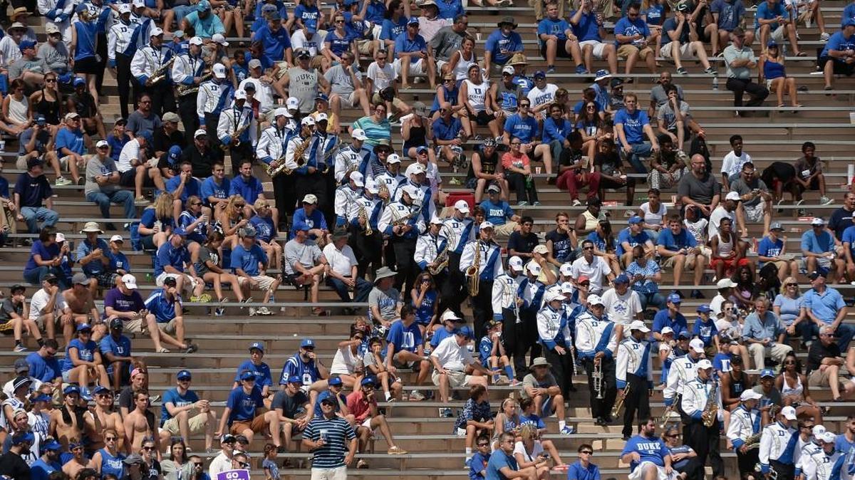 The Duke band takes the field for the halftime show during loss against Northwestern at Wallace Wade Stadium on September 19, 2015.