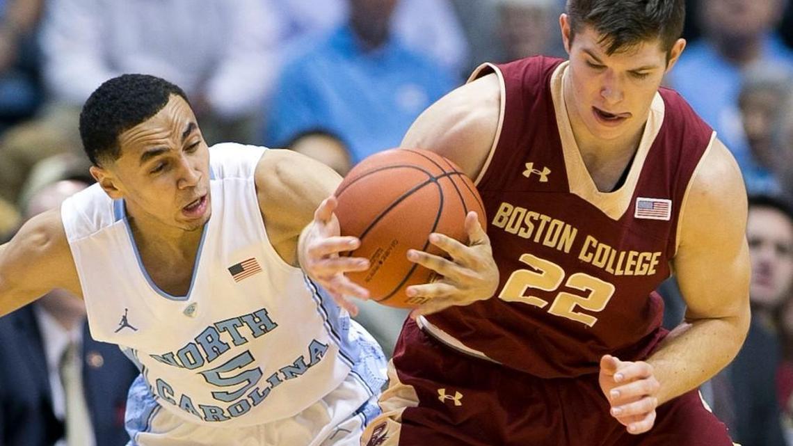 North Carolinas Marcus Paige (5) makes a steal from Boston Colleges Matt Milon (22) during the second half on Saturday, January 30, 2016 at the Smith Center in Chapel Hill, N.C.