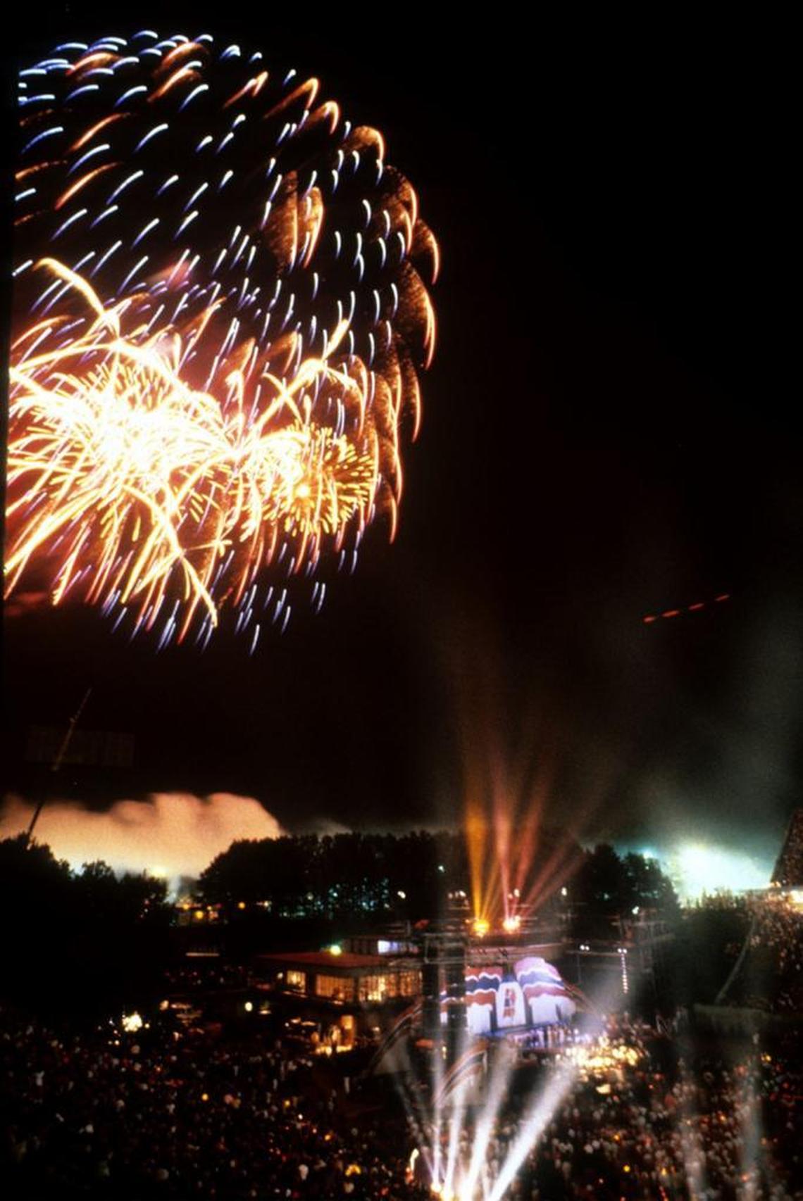 Fireworks display at the closing ceremonies of U.S. Olympic Festival-’87 at Wallace Wade Stadium.