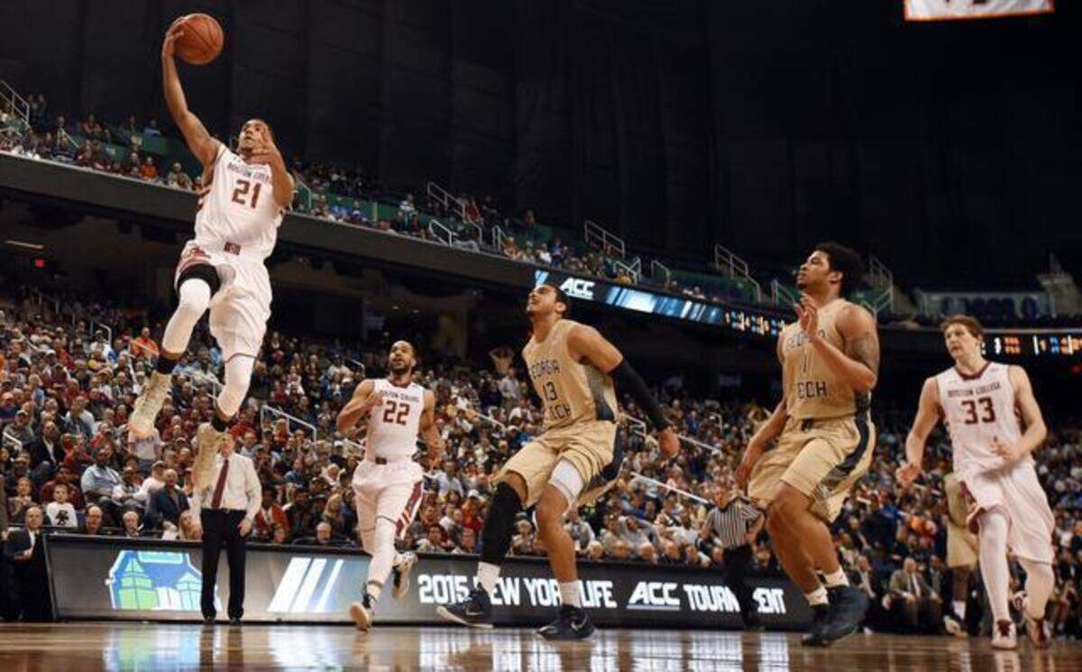 
Boston College guard Olivier Hanlan goes in to score two of his game-high 25 points as the Georgia Tech defense trails the play. Boston College beat Georgia Tech 66-65 during the opening game of the ACC tournament at the Greensboro Coliseum on Tuesday.
