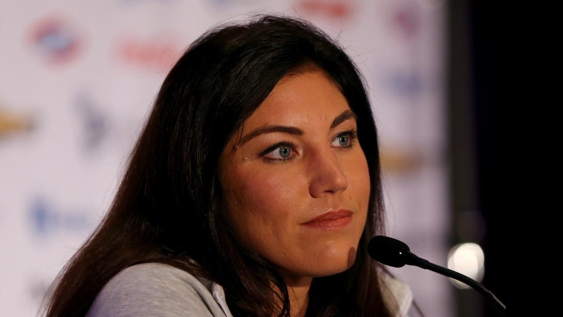 
Hope Solo answers questions during the United States Women's World Cup Media Day at Marriott Marquis Hotel on May 27, 2015 in New York.
