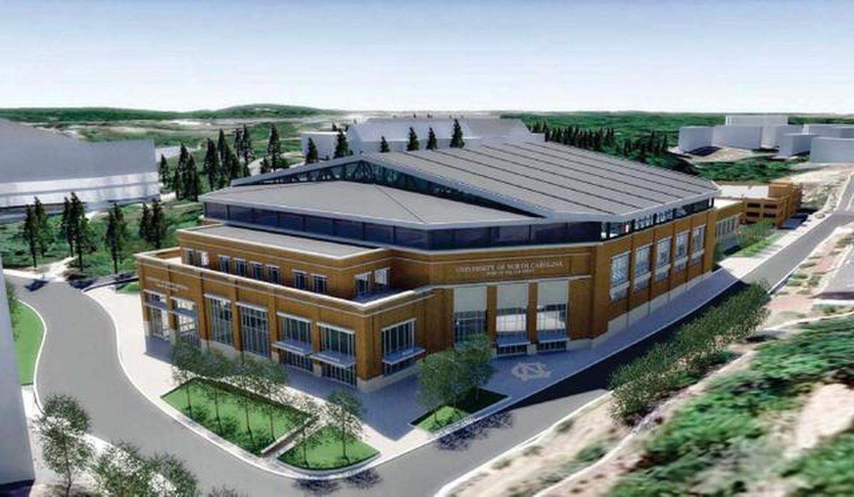 A rendering a view of the northeast entrance of the Smith Center received by UNC in 2013 as part of a proposed renovation of the basketball facility. 