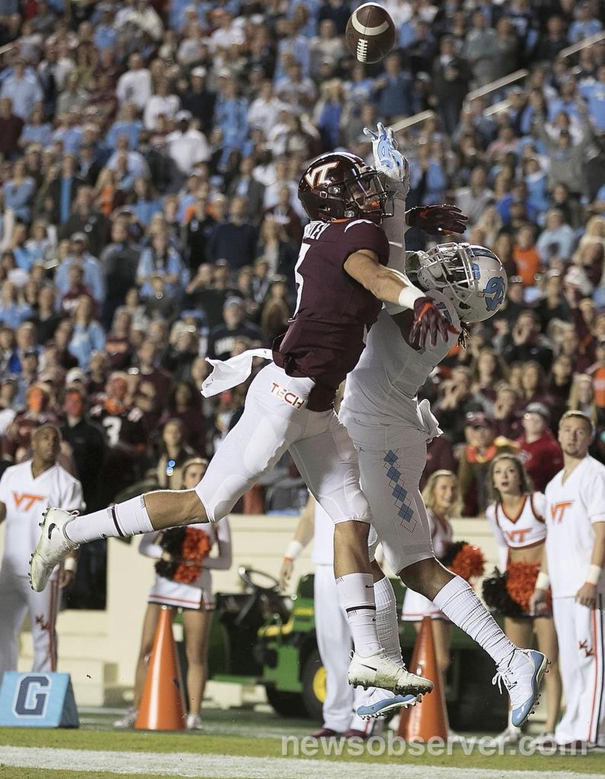 Virginia Tech’s Caleb Farley (3) defends North Carolina’s Anthony Ratliff-Williams (17) in the second quarter on Saturday, October 13, 2018 at Kenan Stadium in Chapel Hill, N.
