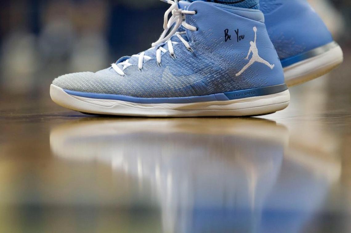A message on Seventh Woods’ shoe as he warms up for the Tar Heels’ game against Pitt on Saturday, February 25, 2017 at the Petersen Events Center in Pittsburgh, Pa.