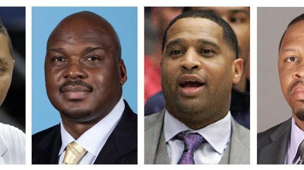 These file photos show, assistant basketball coaches Tony Bland, left, Chuck Person, second from left, Emanuel Richardson, second from right, and Lamont Evans, were identified in court papers and are among 10 people facing federal charges in a wide probe of fraud and corruption in the NCAA, authorities said.