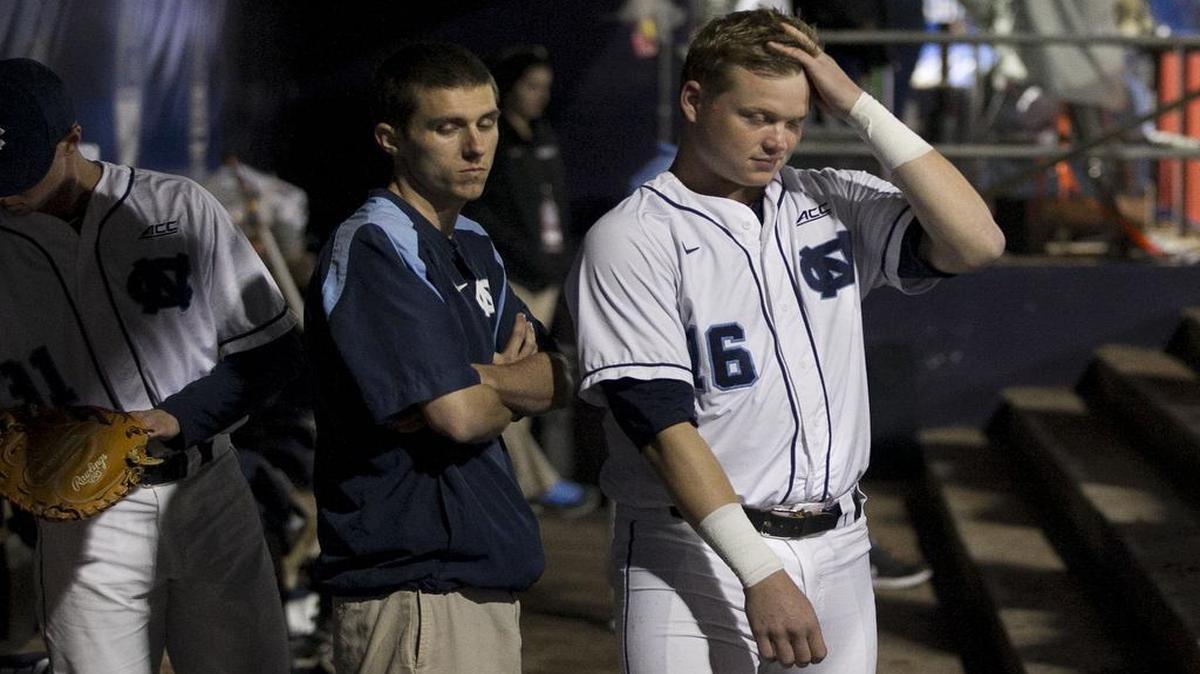 
North Carolina’s Ryder Ryan (16) reacts after a scoreless eighth inning against Florida State during the ACC Baseball Championship on Thursday, May 21, 2015 at the Durham Bulls Athletic Park in Durham.
