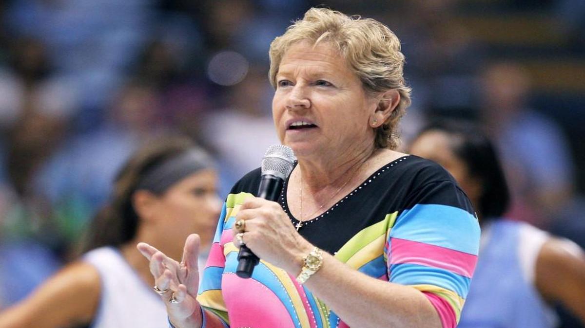 UNC women's basketball coach Sylvia Hatchell addresses the crowd during the annual "Late Night With Roy" in2014. Hatchell missed all of the 2013 season due to a battle with cancer.