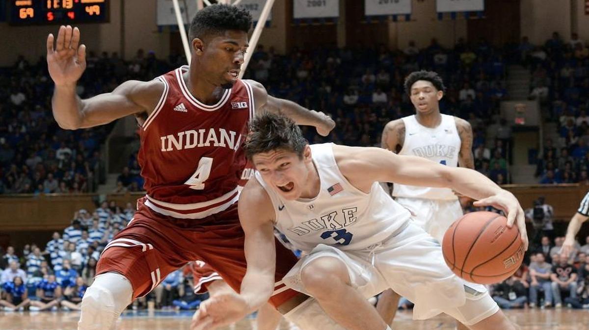 Duke guard Grayson Allen (3) works the ball around Indiana guard Robert Johnson (4) in December.