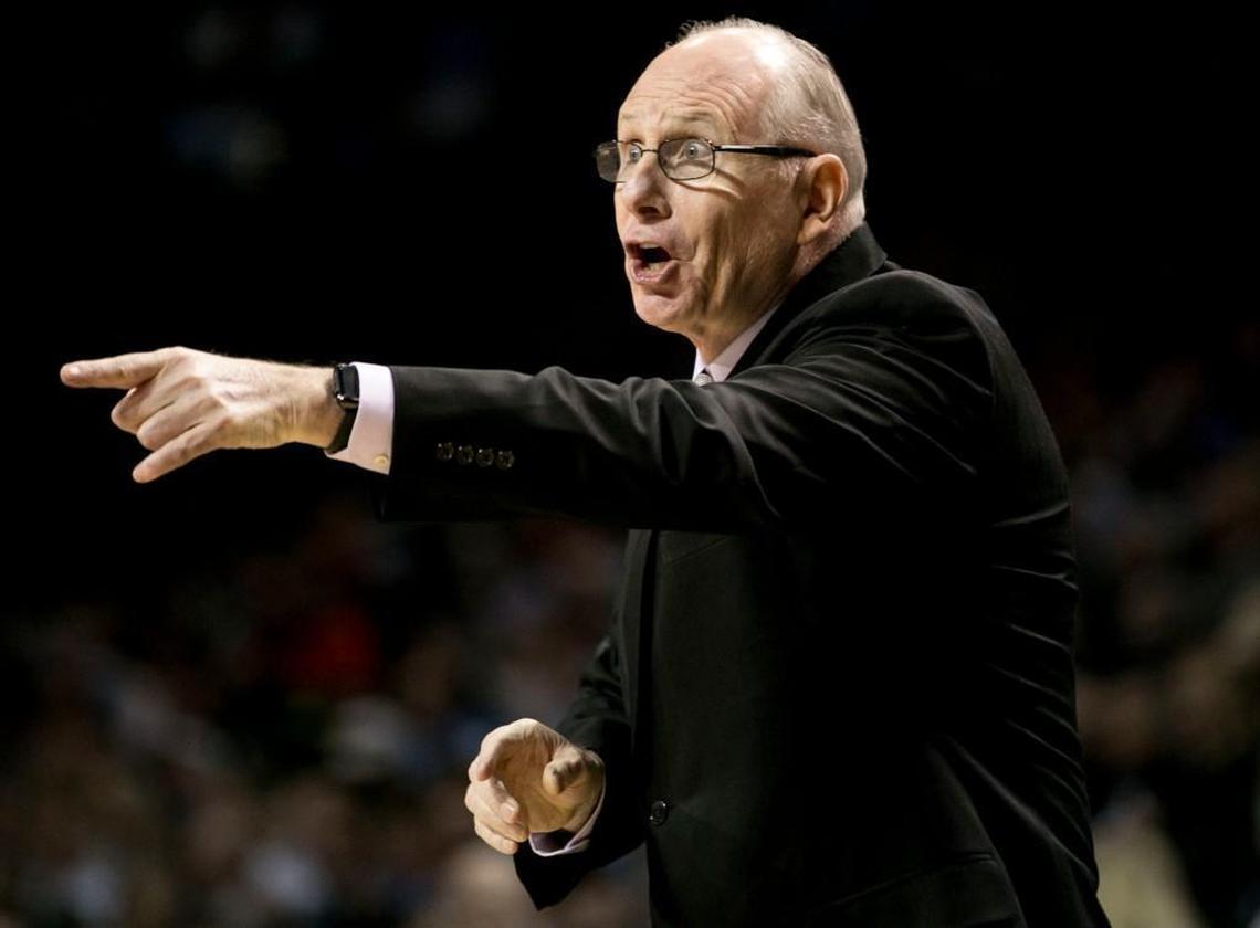Miami coach Jim Larrañaga directs his team during the first half against North Carolina in the ACC tournament on Thursday, March 9, 2017 at the Barclays Center in Brooklyn, N.Y.