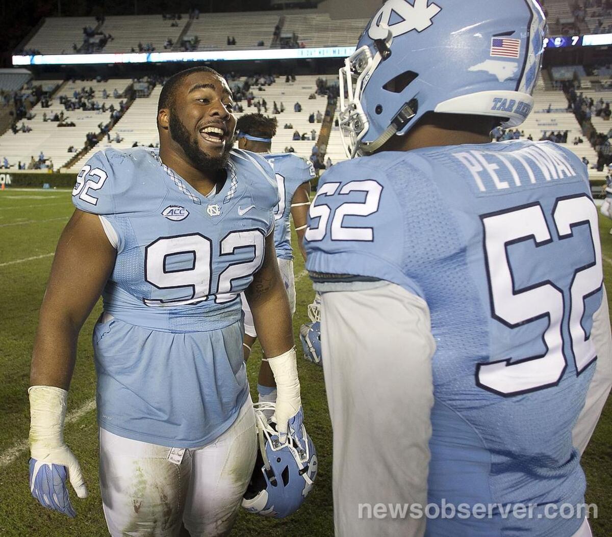 North Carolina defensive tackle Aaron Crawford (92) celebrates the Tar Heels victory over The Citadel after making several tackles including a quarterback sack during the final series of plays in the fourth quarter on Saturday, November 19, 2016 at Kenan Stadium in Chapel Hill, N.C.