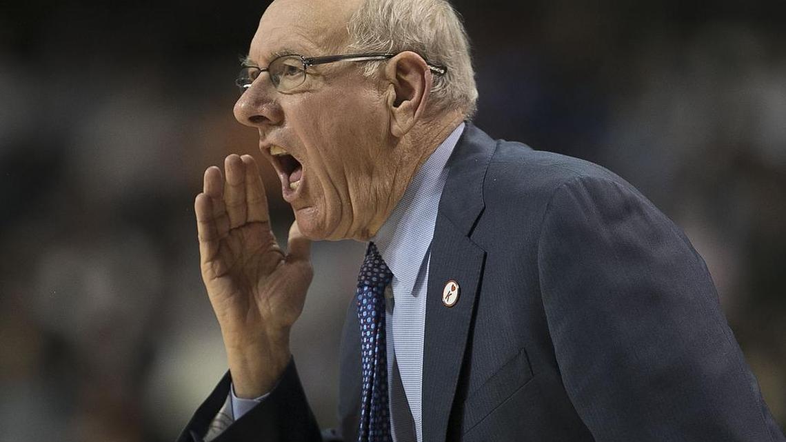 Syracuse coach Jim Boeheim yells instruction to his team during the first half of their ACC Tournament game against North Carolina on Wednesday, March 7, 2018 at the Barclays Center in Brooklyn, NY.