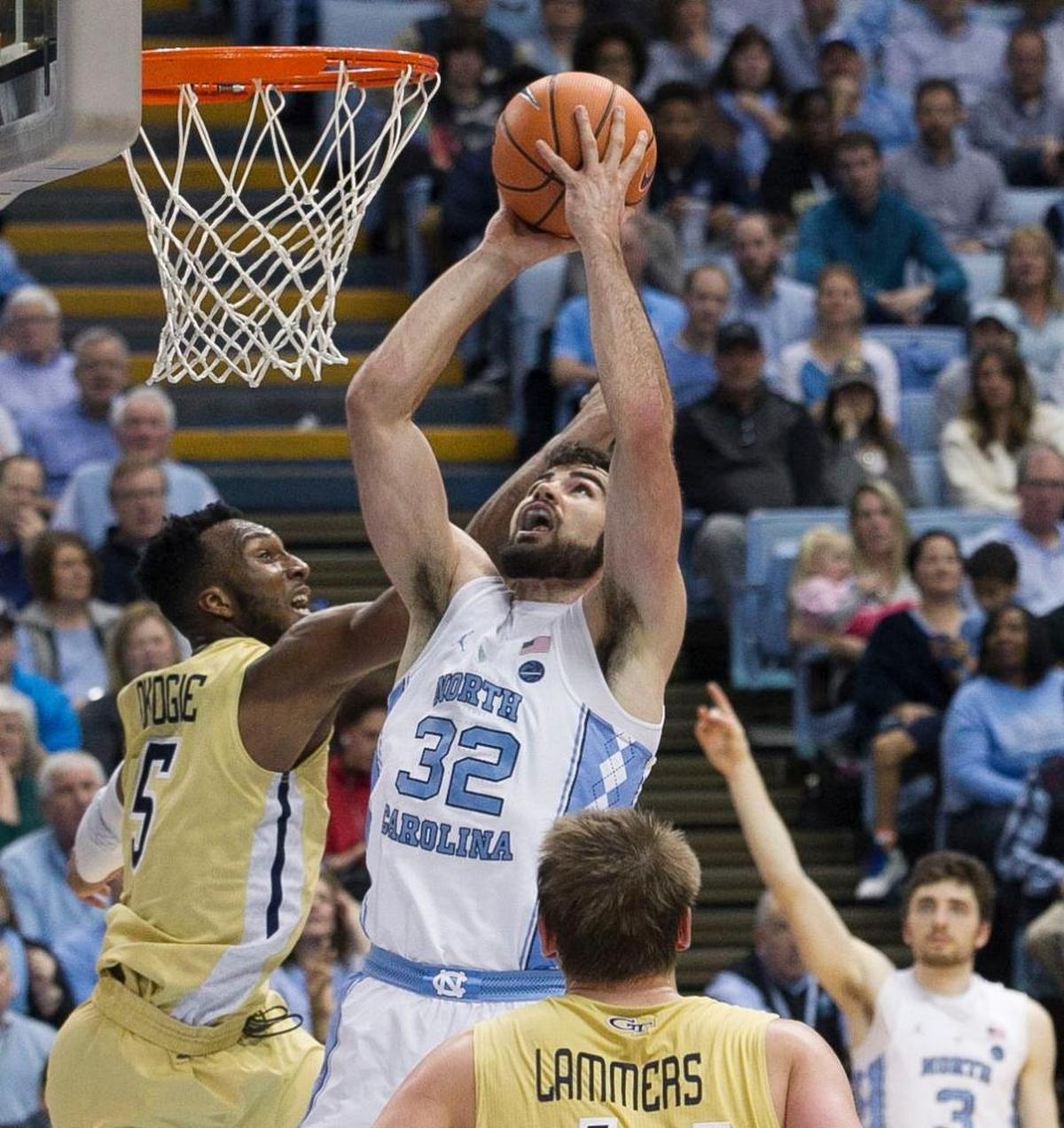 North Carolina’s Luke Maye (32) puts up a shot against Georgia Tech’s Josh Okogie (5) during the second half on Saturday, January 20, 2018 at the Smith Center in Chapel Hill, N.C.
