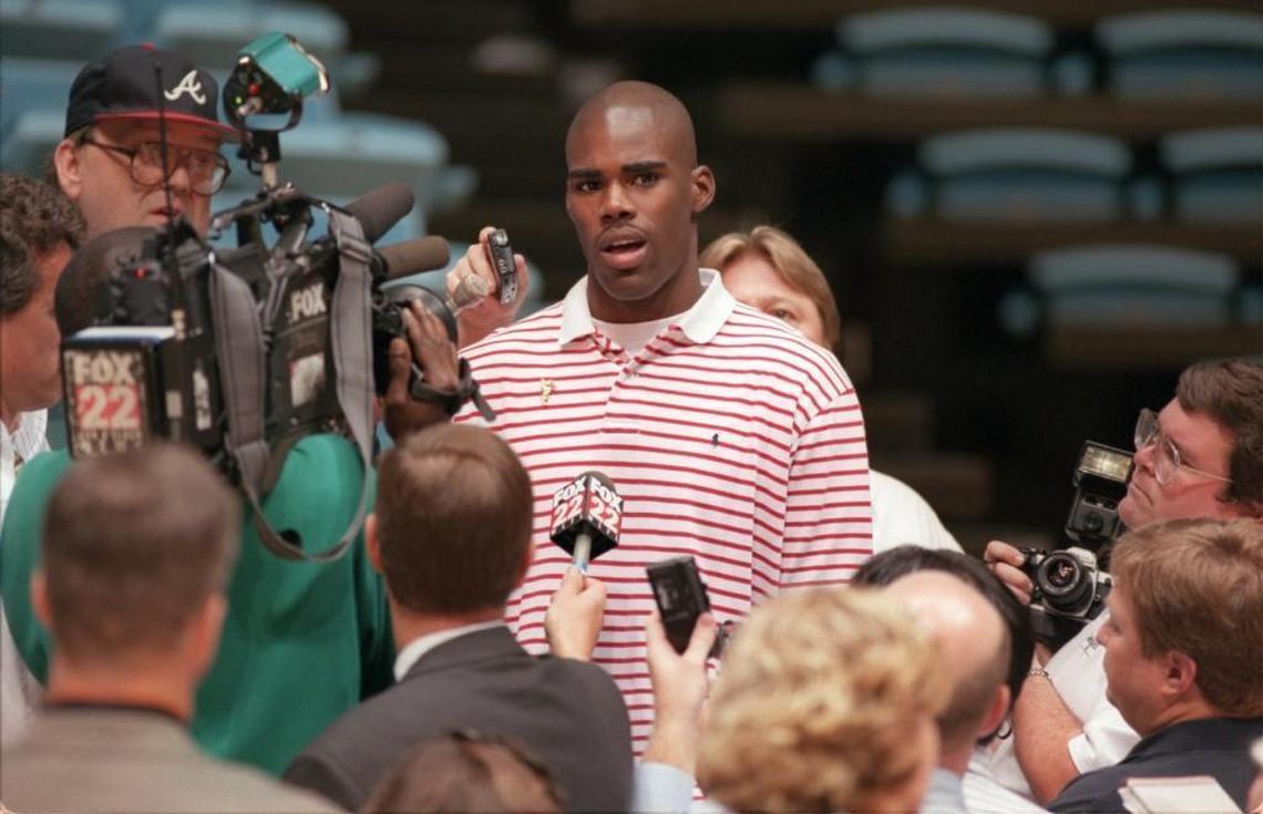 UNC's Antawn Jamison talks with reporters about his reaction to Dean Smith's resignation.