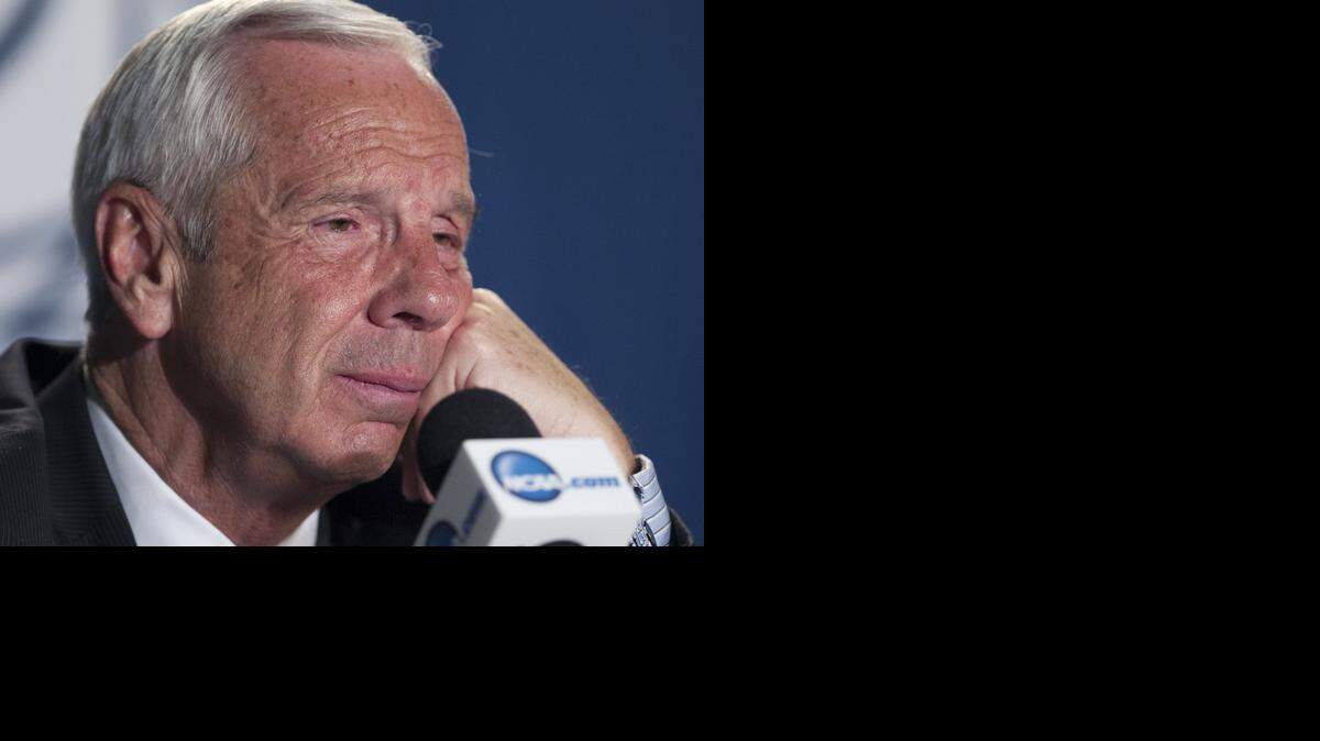
North Carolina coach Roy Williams fields question from the media following their 79-72 loss to Wisconsin in the NCAA West Region on Thursday, March 26, 2015 at the Staples Center in Los Angeles.
