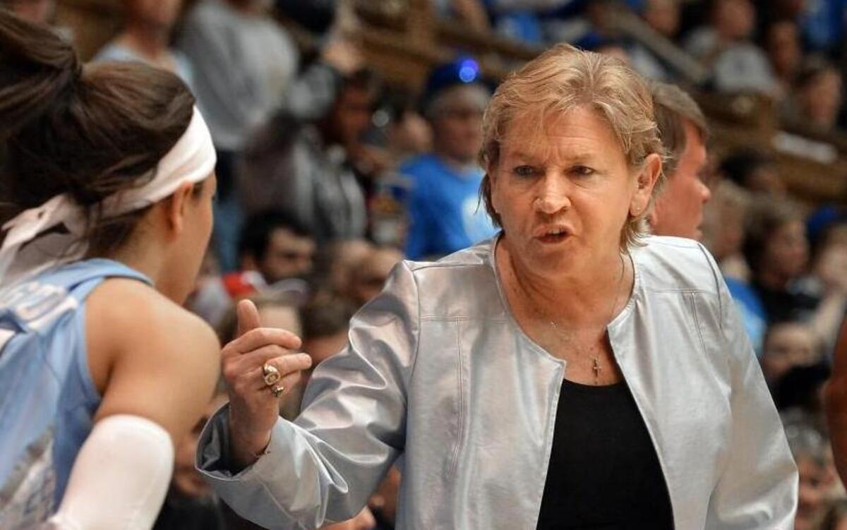UNC head coach Sylvia Hatchell sends in guard Jessica Washington (24) during the second half of play. Duke defeated UNC 81-80 at Cameron Indoor Stadium Sunday, March 1, 2015 in Durham, NC.