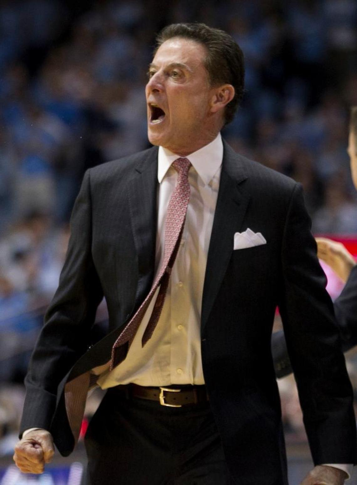 Louisville coach Rick Pitino directs his players during the first half against North Carolina on February 22, 2017 at the Smith Center in Chapel Hill.