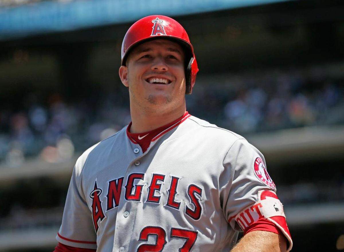 Los Angeles Angels center fielder Mike Trout (27) is a two-time American League MVP and was the AL’s 2012 rookie of the year.