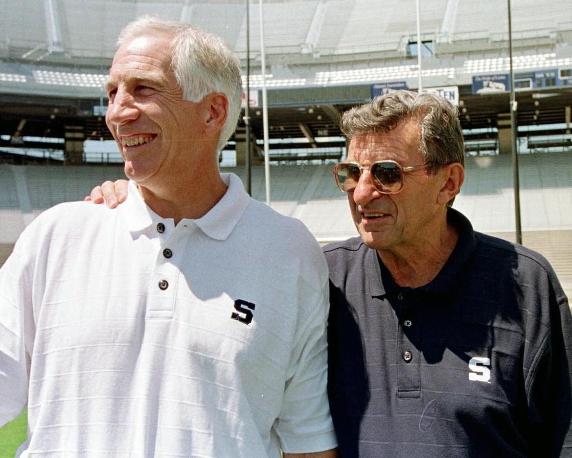 Penn State football coach Joe Paterno, right, poses with his defensive coordinator Jerry Sandusky, during the college football team’s media day in 1999. July 12, 2016 court documents provided new details on allegations that Paterno was told in 1976 about a sex abuse accusation against Sandusky, and that some of Paterno’s assistants witnessed improper contact between Sandusky and children in the 1980s. Sandusky, who was arrested in 2011, is serving 30 to 60 years in prison on a 45-count child molestation conviction.