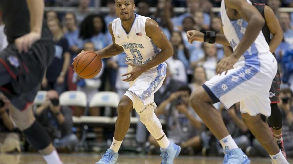 North Carolina’s Nate Britt (0) runs a fast break in the second half against Fairfield on Sunday, November 15, 2015 at the Smith Center in Chapel Hill, N.C.