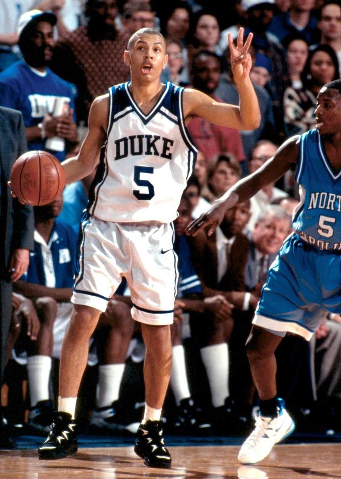 Duke guard Jeff Capel plays against UNC no Feb. 2, 1995. Capel hit a 30-foot buzzer beater to send the game to double overtime. UNC won 102-100.