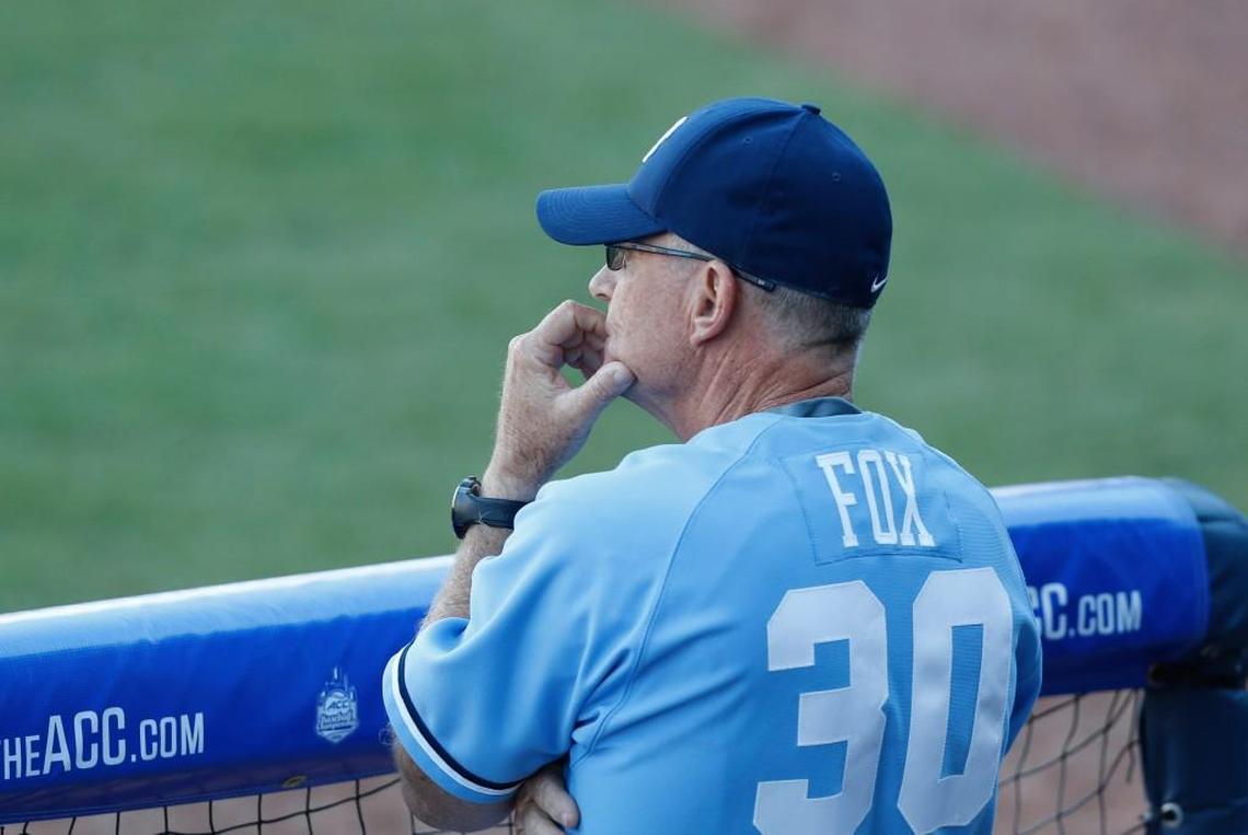 North Carolina head coach Mike Fox watches during UNC's 6-3 victory over Clemson in the ACC Baseball tournament at the Durham Bulls Athletic Park on May 22, 2015.