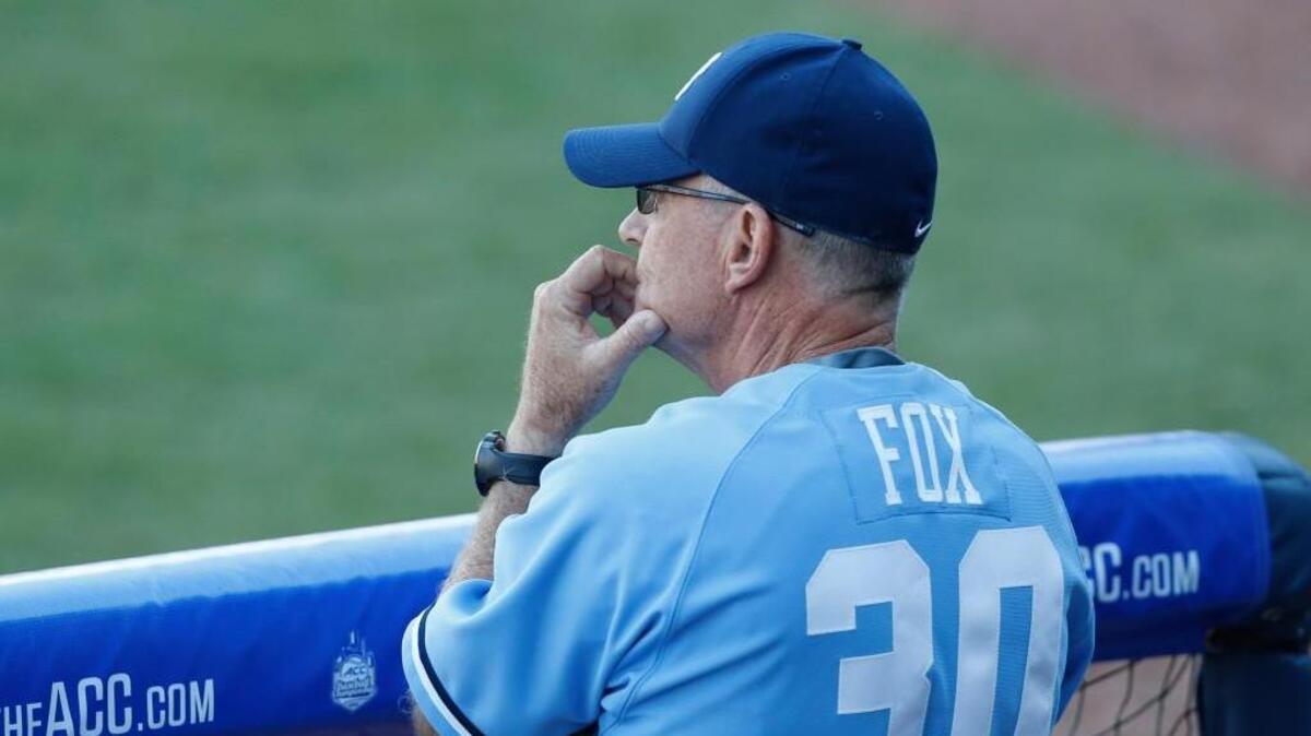 North Carolina head coach Mike Fox watches during UNC's 6-3 victory over Clemson in the ACC Baseball tournament at the Durham Bulls Athletic Park on May 22, 2015.