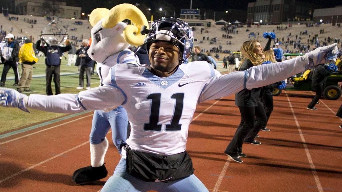 
UNC's Malik Simmons (11) celebrates following the Tar Heels' 45-20 victory over Duke on  Nov. 19, 2014 at Wallace Wade Stadium in Durham.
