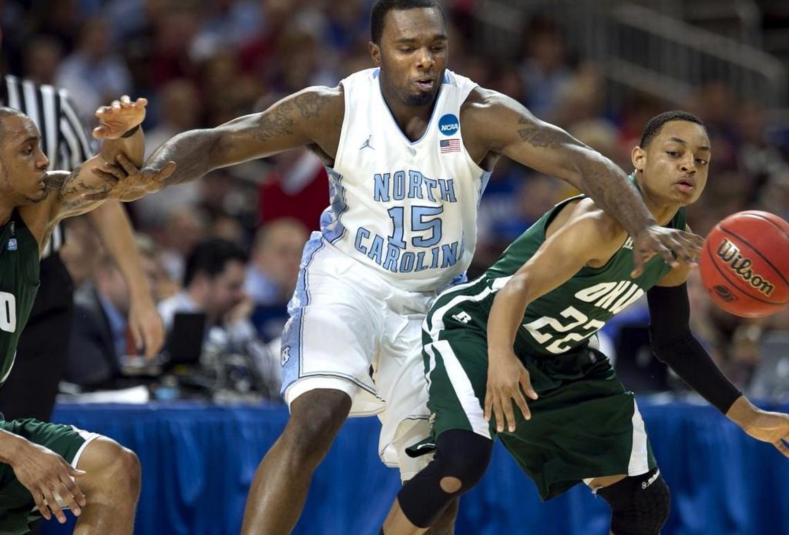 UNC's P.J. Hairston (15) makes a steal from Ohio's Stevie Taylor (22) during the first half against Ohio on Friday March 23, 2012 at the Edward Jones Dome in St. Louis, Missouri.