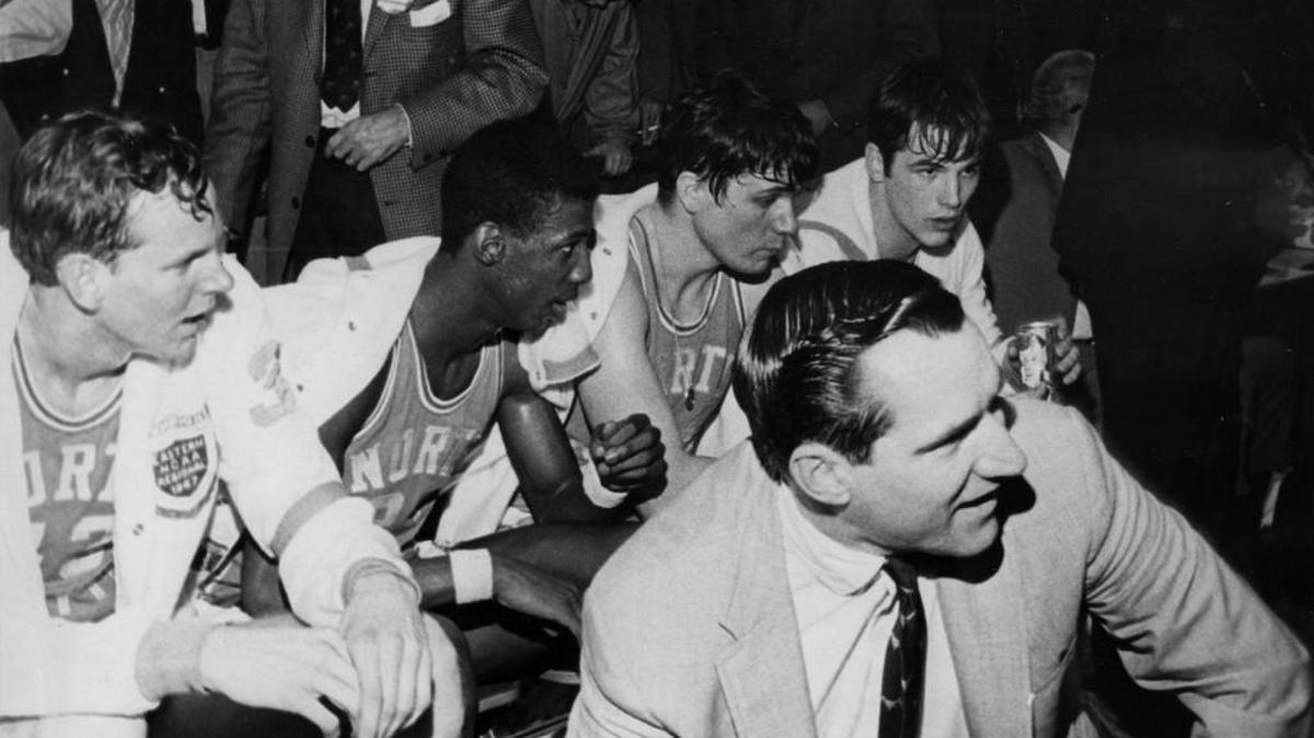 Dean Smith with, from left, Rusty Clark, Charlie Scott, Larry Miller and Dick Grubar in 1966.