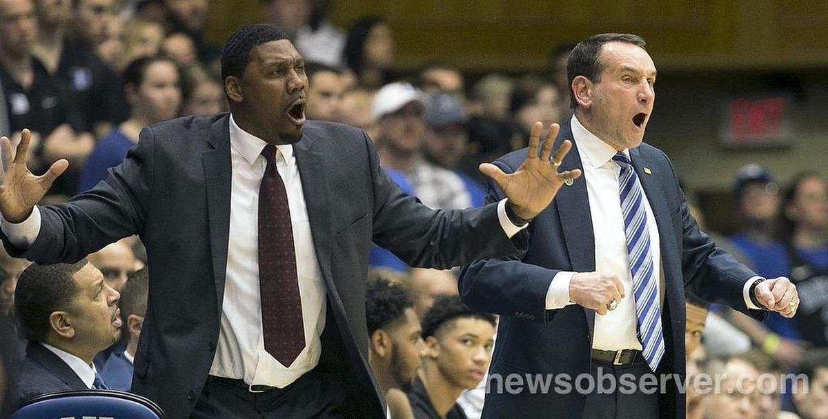Duke coach Mike Krzyzewski and assistant Nate James react to a foul called against Duke during the second half against North Carolina on Saturday, March 3, 2018 at Cameron Indoor Stadium in Durham, N.C.