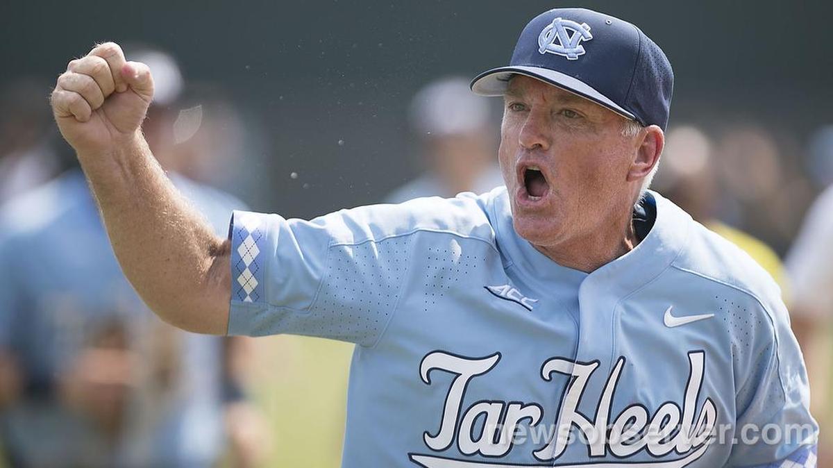 North Carolina coach Mike Fox celebrates following the Tar Heels’ 7-5 victory over Stetson, clinching the NCAA Super Regional and a trip to the College World Series on Saturday, June 9, 2018 at Boshamer Stadium in Chapel Hill, N.C.