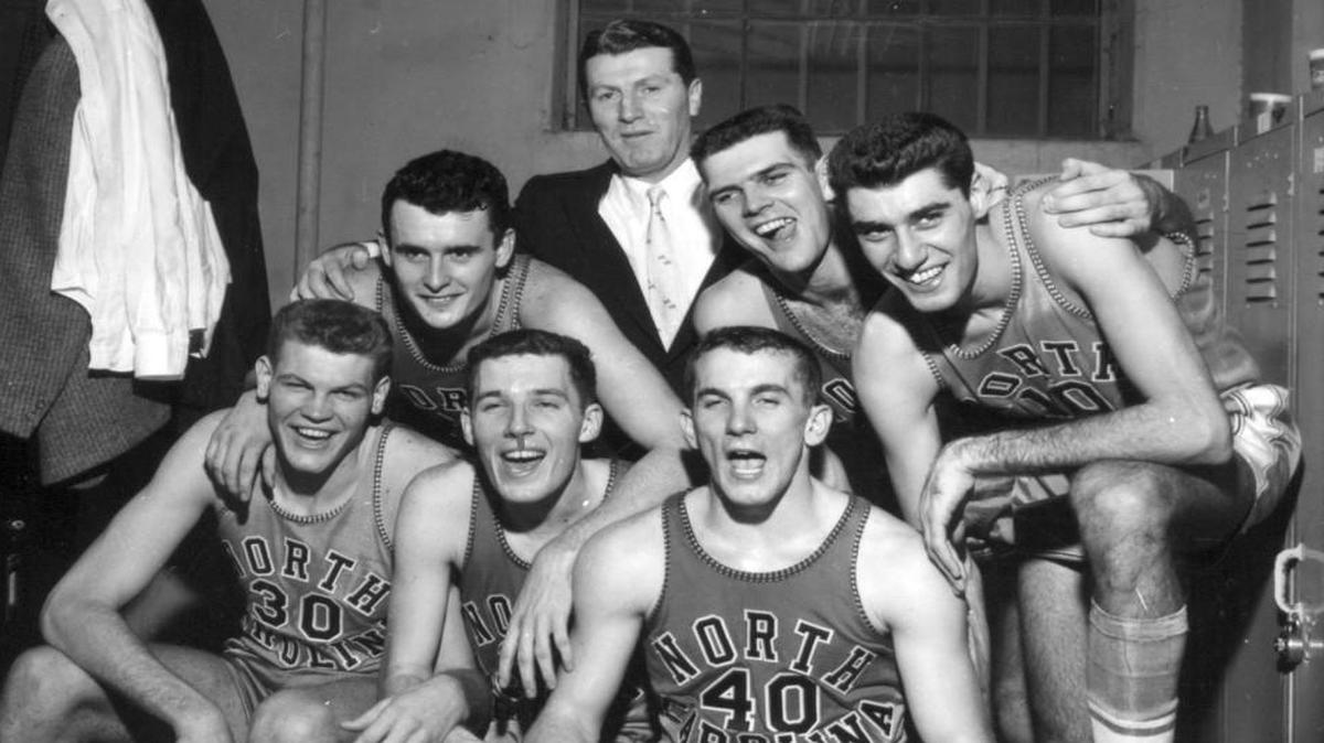 Frank McGuire's 1957 UNC team that won the National Championship. First row from left: Bill Hathway, Bob Cunningham, Tommy Kearns. Second row from left: Pete Brennan, Coach McGuire, Joe Quigg and Lennie Rosenbluth.
