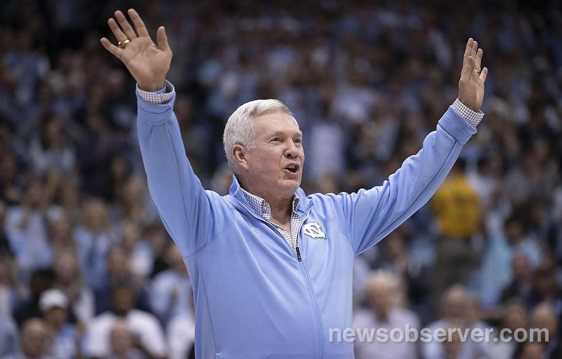 North Carolina football coach Mack Brown is introduced to the Smith Center crowd during halftime of the Gonzaga basketball game on Saturday, December 15, 2018 in Chapel Hill, N.C.