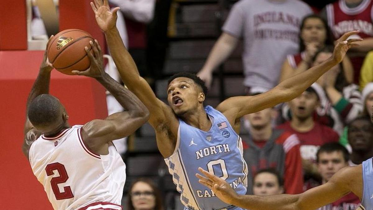 North Carolina’s Nate Britt (0) defends Indiana’s Josh Newkirk (2) during their game Wednesday, November 30, 2016 at Assembly Hall in Bloomington, Indiana.