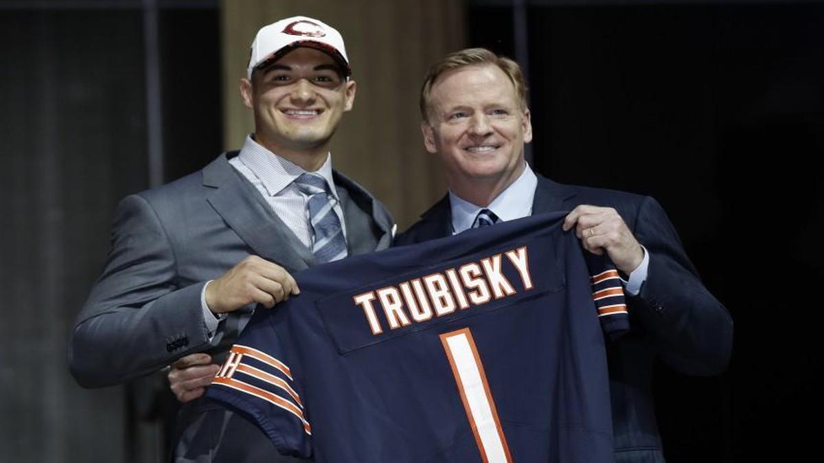 North Carolina's Mitch Trubisky, left, poses with NFL commissioner Roger Goodell after being selected by the Chicago Bears during the first round of the 2017 NFL draft.