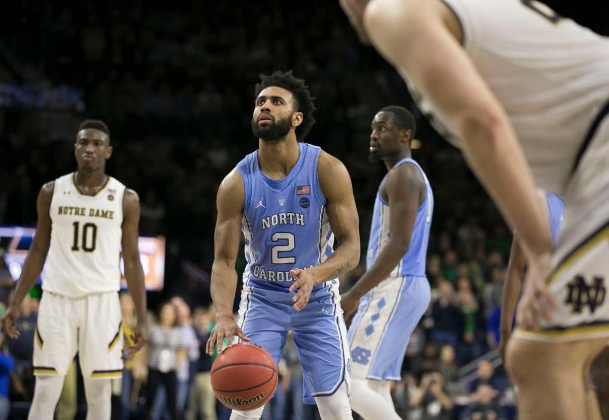 North Carolina’s Joel Berry II (2) shoots the game winning shot, a free throw with seven seconds to play, to give the Tar Heels’ a 69-68 victory over Notre Dame on Saturday, January 13, 2018 at the Joyce Center in South Bend, Indiana.