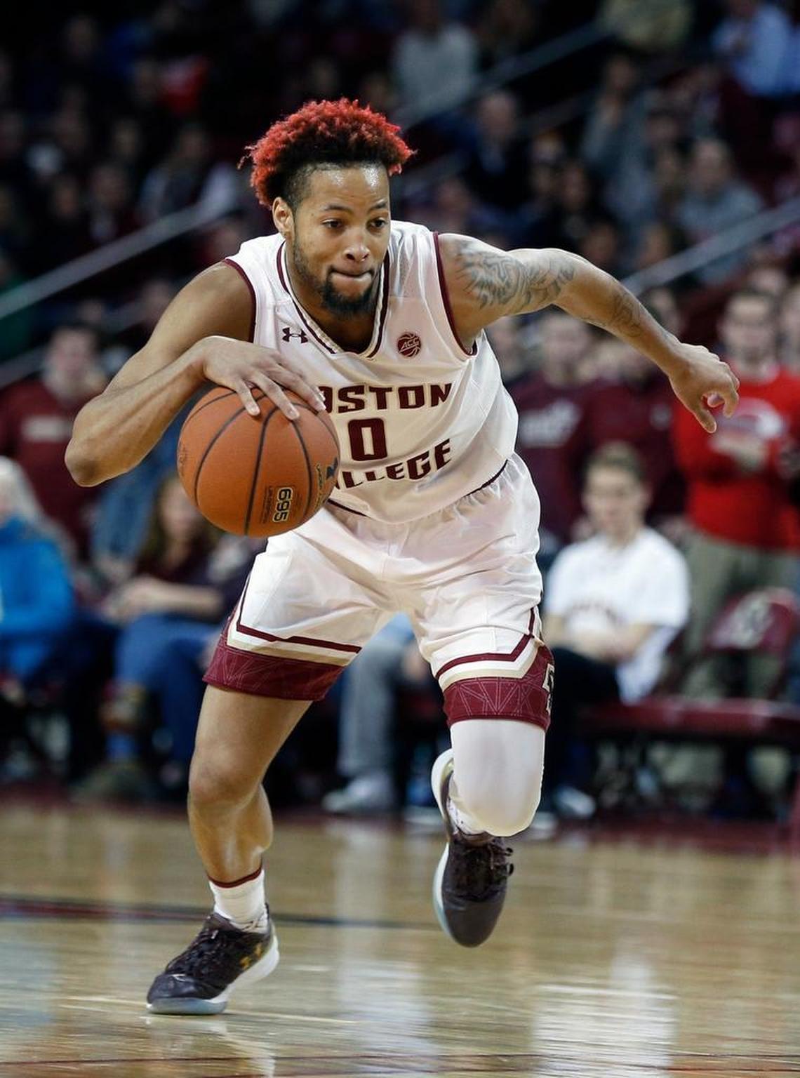 Boston College's Ky Bowman (0) plays against Notre Dame in Boston on Feb. 17, 2018. (AP Photo/Michael Dwyer)