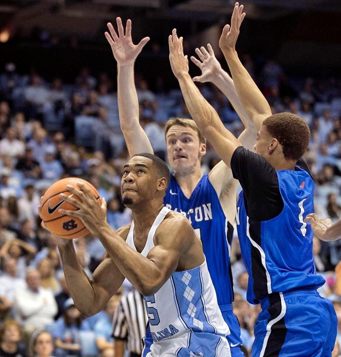North Carolinaís Garrison Brooks (15) drives to the basket for two of his 13 points during the first half against Barton College.