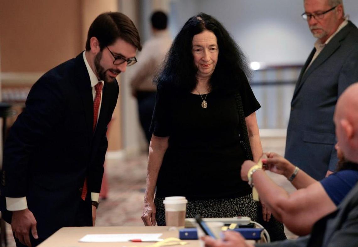 Former University of North Carolina secretary Deborah Crowder arrives at an NCAA hearing Wednesday, Aug. 16, 2017, in Nashville, Tenn. It has taken more than two years for North Carolina to appear before an NCAA infractions committee panel since initially being charged with five top-level violations amid its long-running academic scandal.