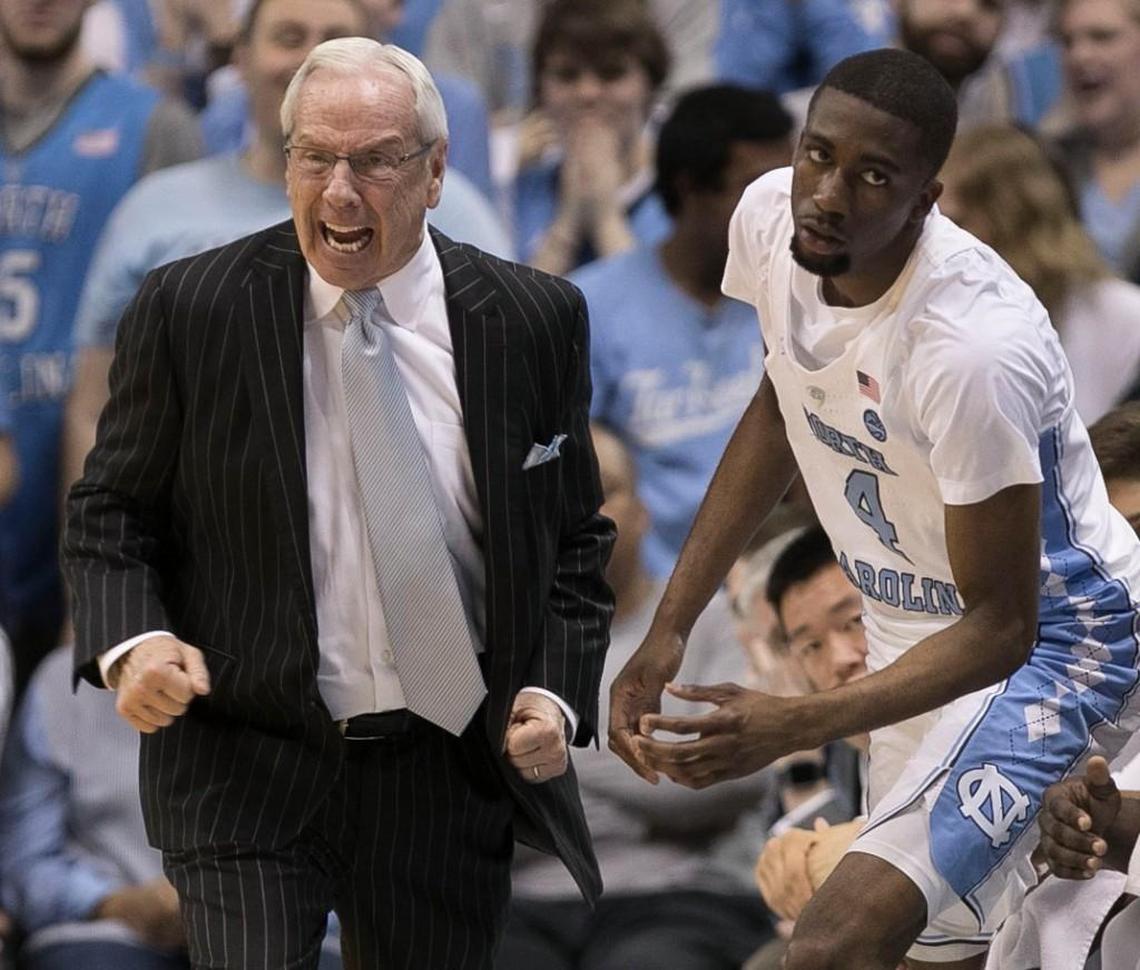 An angry Roy Williams reacts after a basket by Notre Dame and sends Barndon Robinson into the game during the first half on Monday, February 12, 2018 at the Smith Center in Chapel Hill, N.C